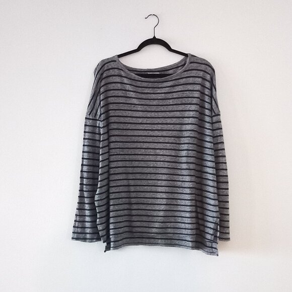 EILEEN FISHER grey and black striped long sleeve t shirt - Picture 3 of 7